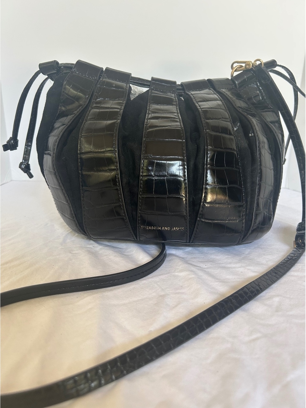 Elizabeth and James Black Croc-Embossed Leather and Suede Crossbody Bag